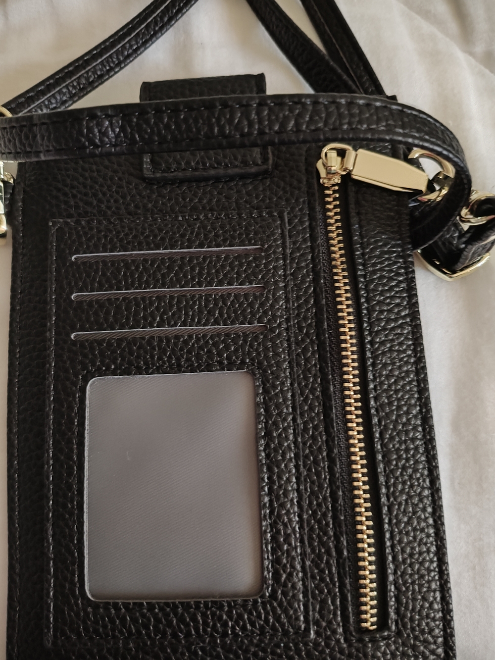 Black Leather Crossbody Card Wallet with Gold Zip